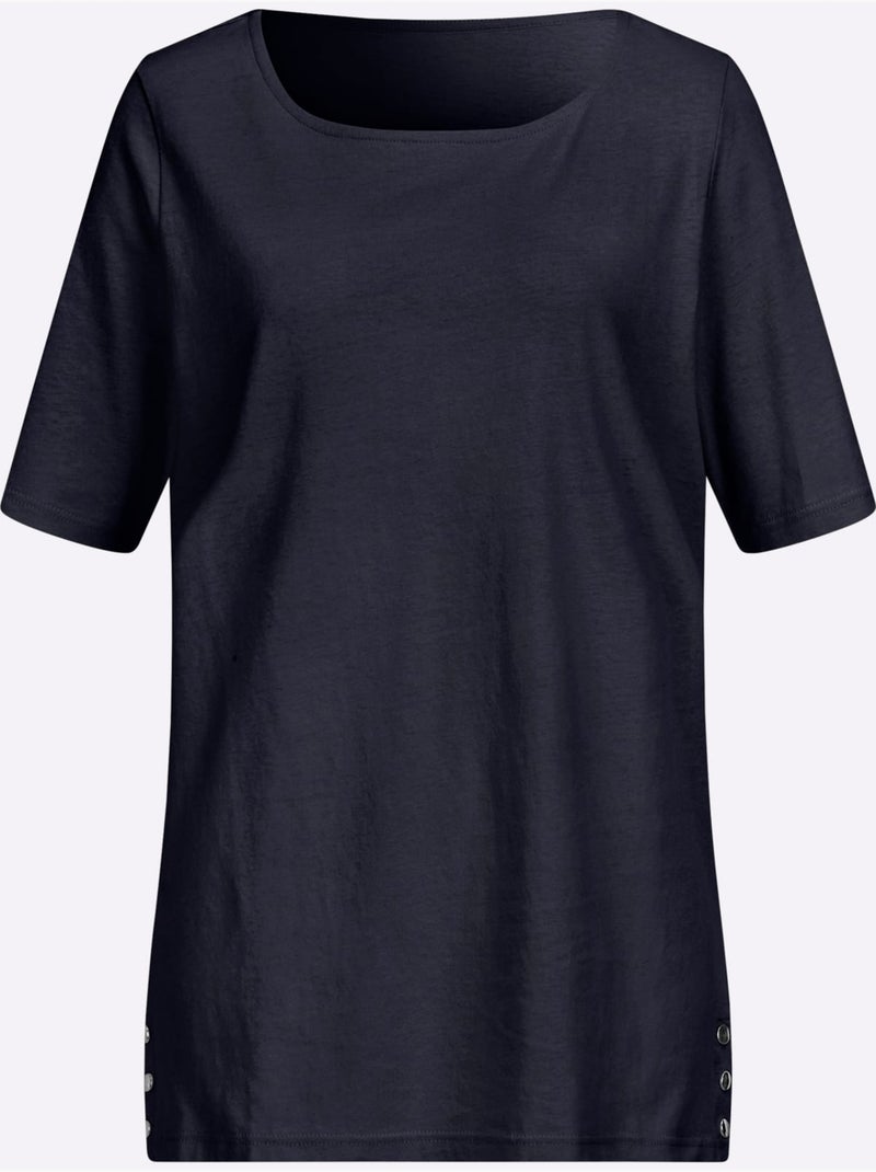 T-shirt à manches courtes encolure en U avec fentes décoratives - Taille standard - Moda Vilona Bleu marine - Kiabi