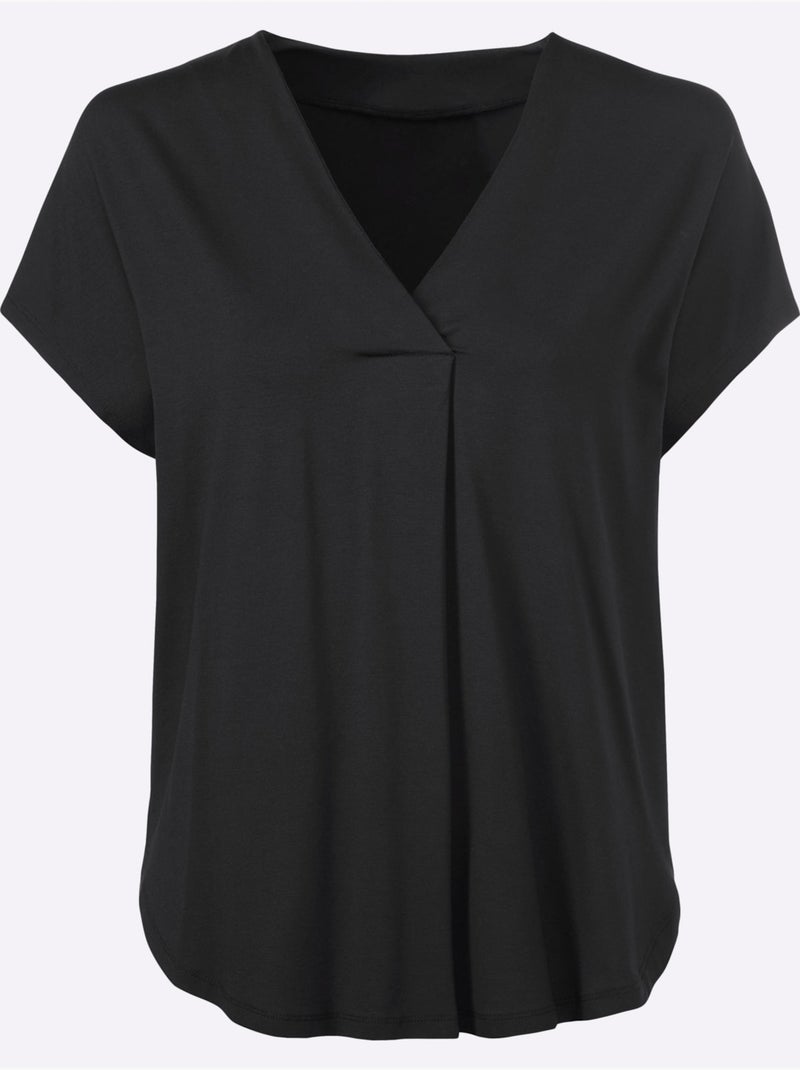T-shirt à Manches Courtes Encolure En V Chevauchante - Taille Standard - Helline Noir - Kiabi