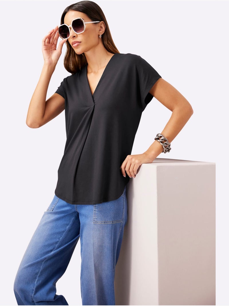 T-shirt à Manches Courtes Encolure En V Chevauchante - Taille Standard - Helline Noir - Kiabi