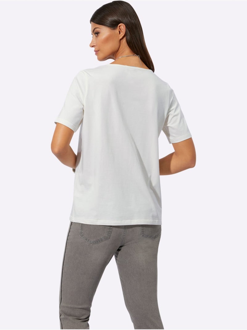 T shirt à manches courtes encolure ronde et imprimé graphique - Taille standard - Helline Ecru - Kiabi