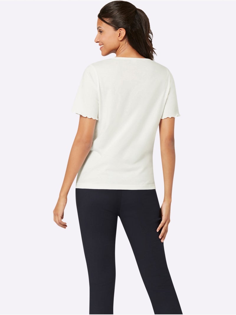 T-shirt à Manches Courtes Encolure Ronde Passepoilée - Taille Standard - Moda Vilona Ecru - Kiabi