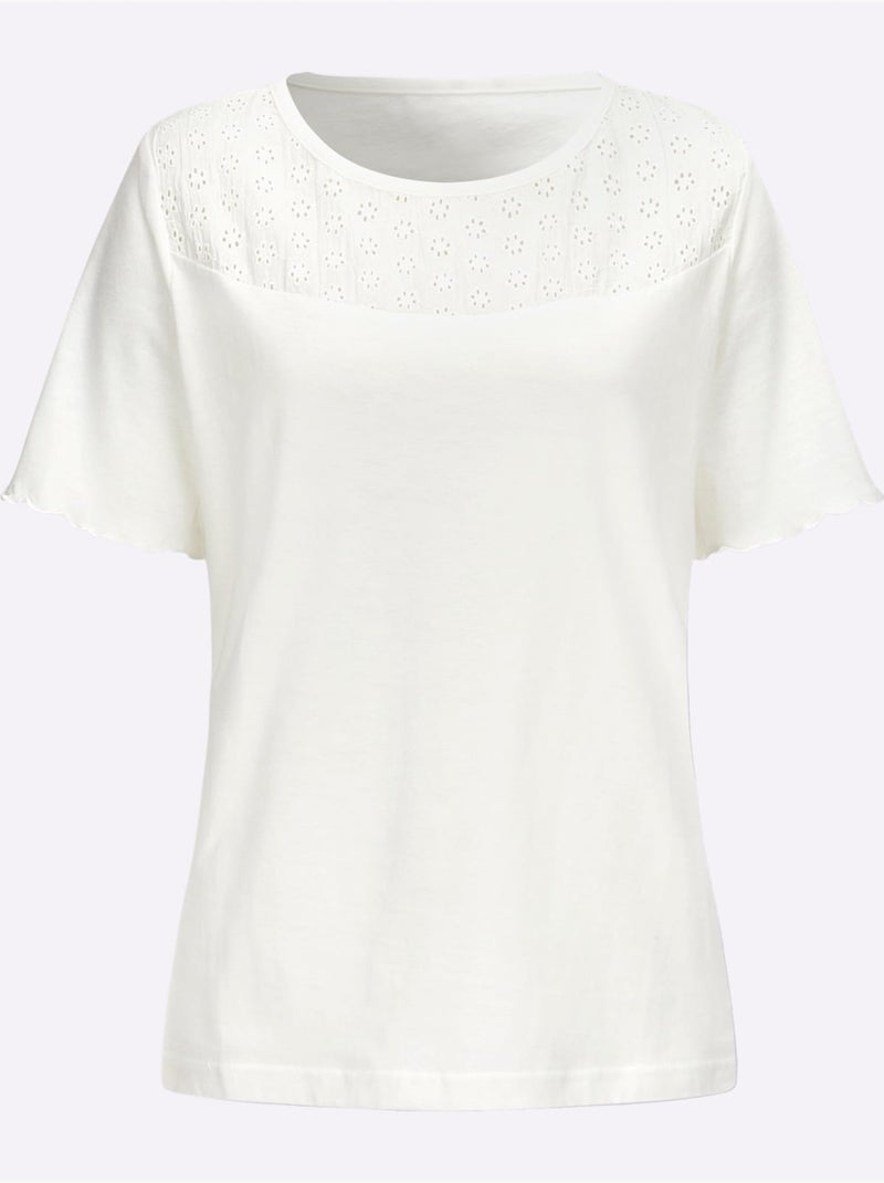 T-shirt à Manches Courtes Encolure Ronde Passepoilée - Taille Standard - Moda Vilona Ecru - Kiabi