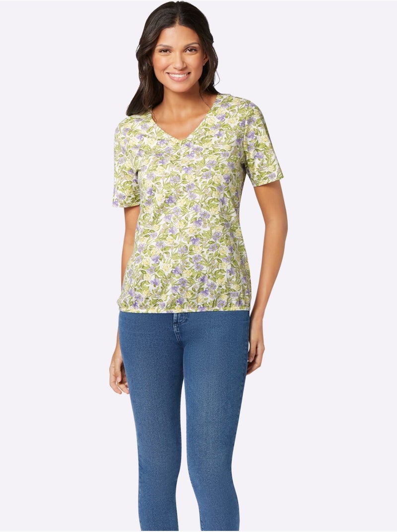 T-shirt à manches courtes encolure V avec motif floral - Taille standard - Moda Vilona Blanc Violet - Kiabi