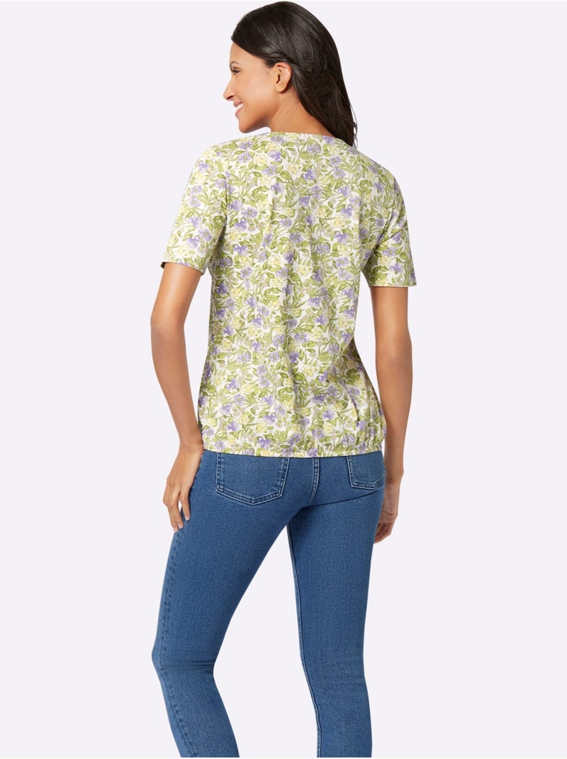 T-shirt à manches courtes encolure V avec motif floral - Taille standard - Moda Vilona Blanc Violet - Kiabi