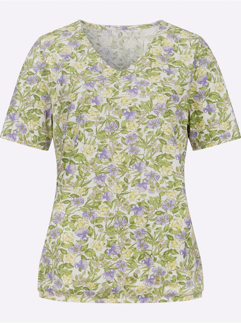 T-shirt à manches courtes encolure V avec motif floral - Taille standard - Moda Vilona Blanc Violet - Kiabi