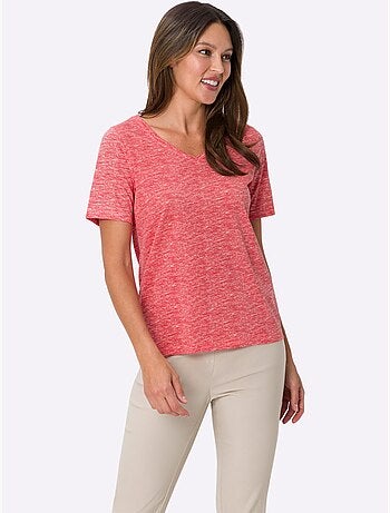 T-shirt à manches courtes avec col V et effet chiné doux - Taille standard - Moda Vilona