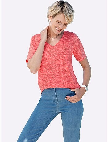 T-shirt à manches courtes avec col V et effet chiné doux - Taille standard - Moda Vilona