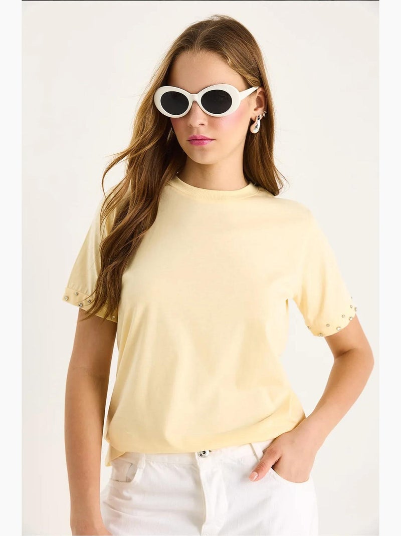 T-shirt à manches courtes et col ras du cou brodé lucci Jaune citron - Kiabi