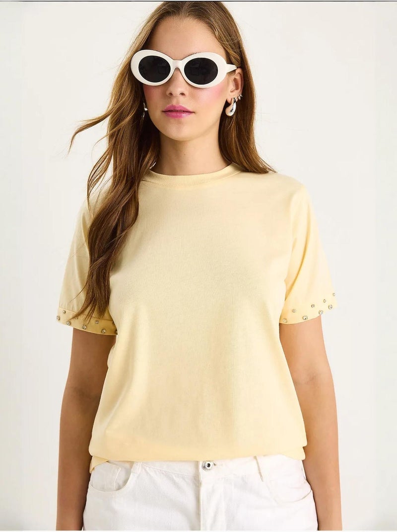 T-shirt à manches courtes et col ras du cou brodé lucci Jaune citron - Kiabi