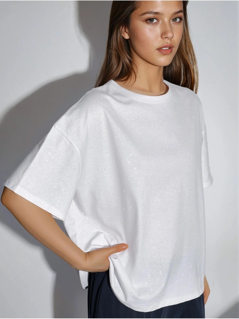T-shirt à manches courtes et col rond à sequins busem Blanc - Kiabi
