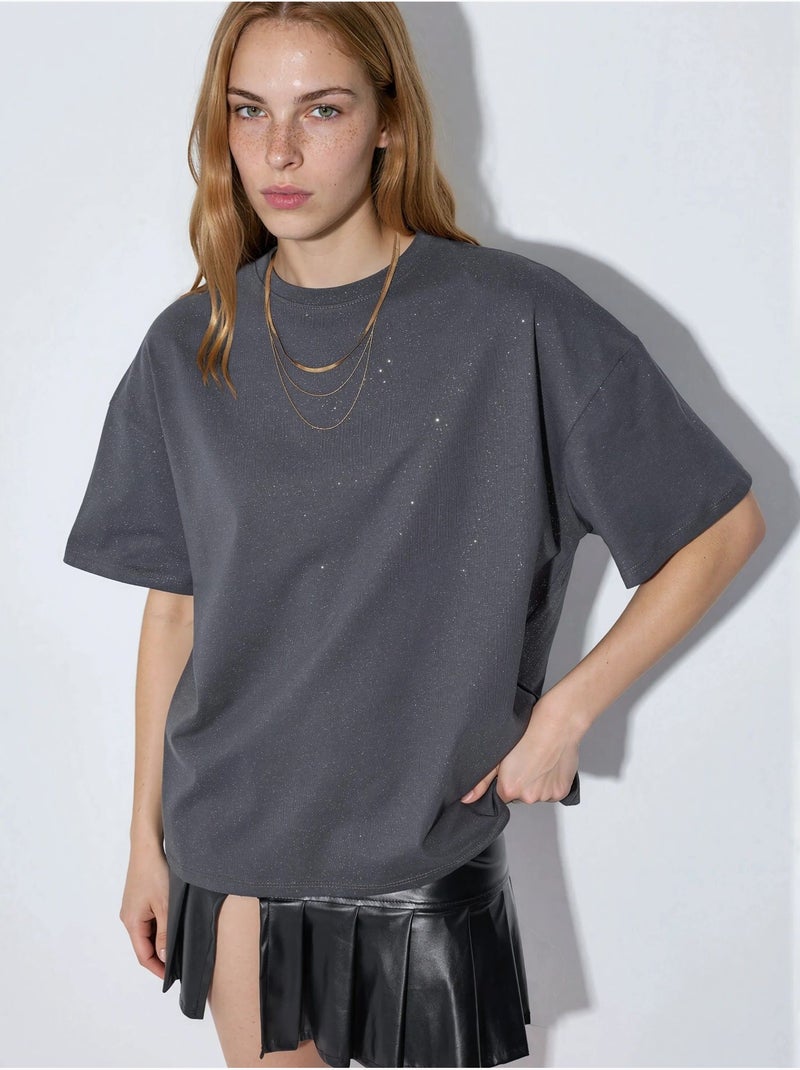 T-shirt à manches courtes et col rond à sequins busem Gris foncé - Kiabi