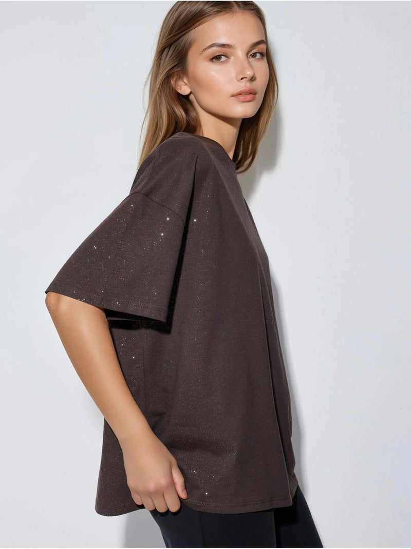 T-shirt à manches courtes et col rond à sequins busem Marron foncé - Kiabi