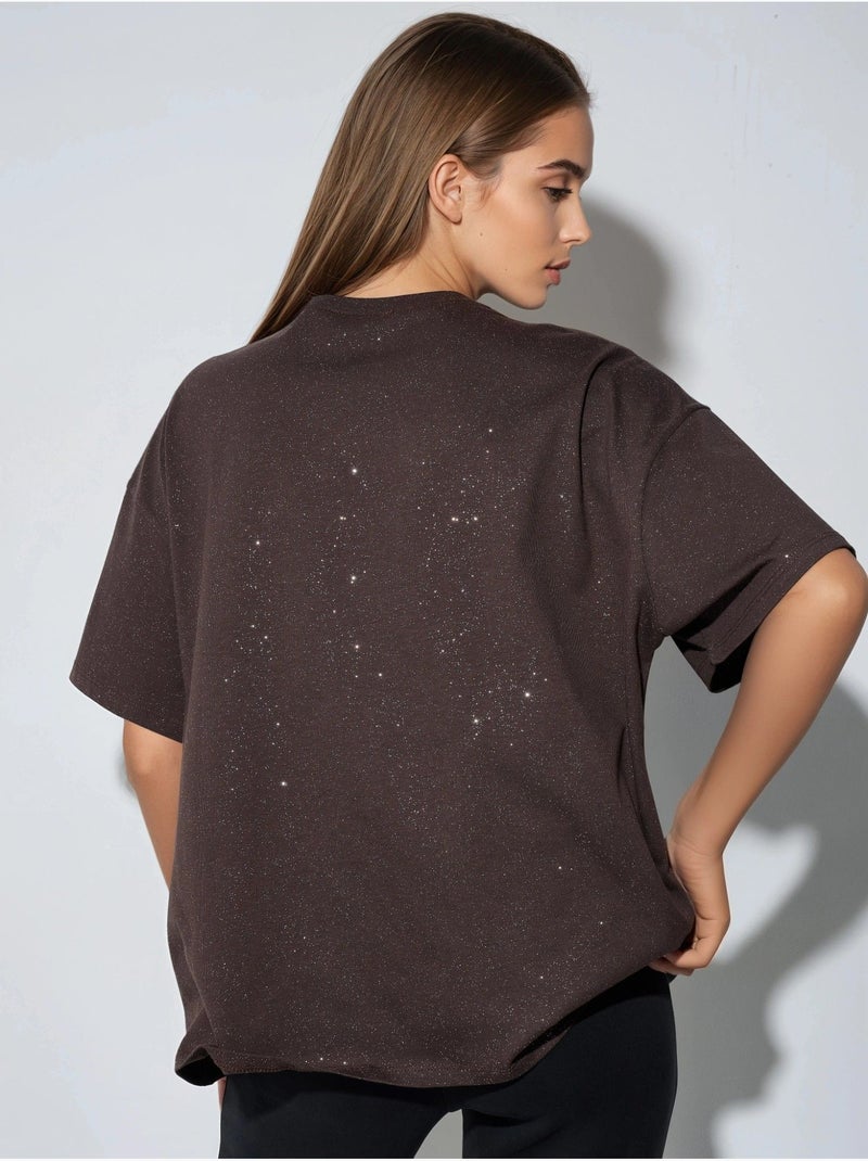 T-shirt à manches courtes et col rond à sequins busem Marron foncé - Kiabi