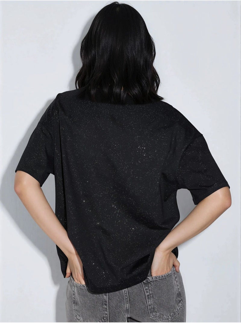 T-shirt à manches courtes et col rond à sequins busem Noir - Kiabi