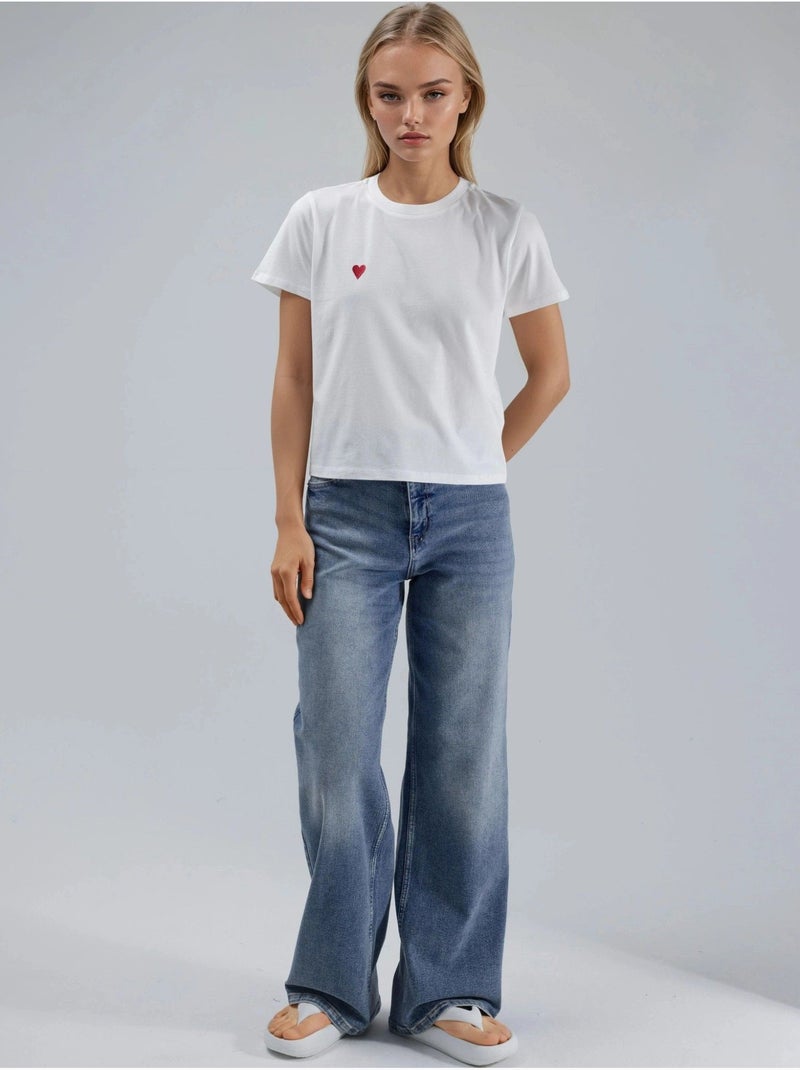 T-shirt à manches courtes et col rond brodé Blanc - Kiabi