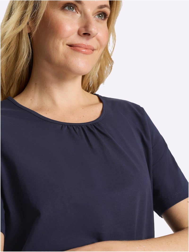 T-shirt à Manches Courtes Fronce Légère à L'encolure - Taille Standard - Moda Vilona Bleu marine - Kiabi