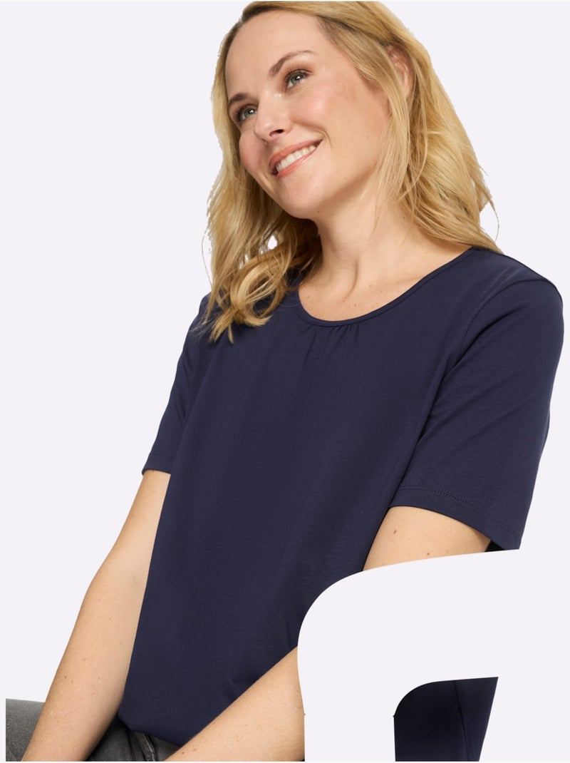 T-shirt à Manches Courtes Fronce Légère à L'encolure - Taille Standard - Moda Vilona Bleu marine - Kiabi