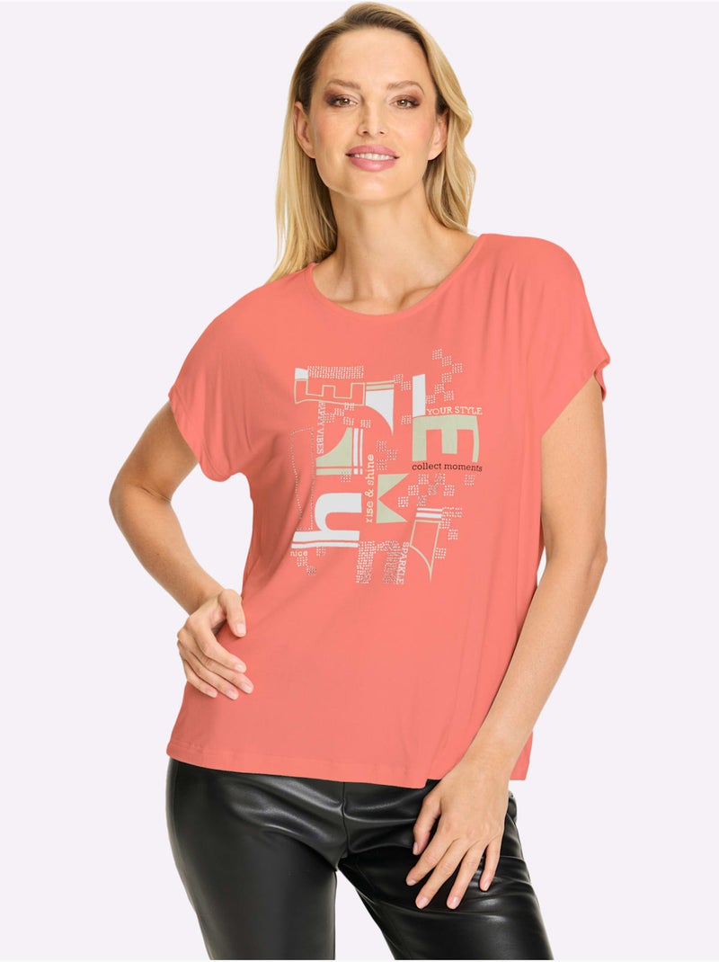 T-shirt à Manches Courtes Imprimé Avec Pierres Brillantes Fantaisie - Taille Standard - Helline Corail - Kiabi
