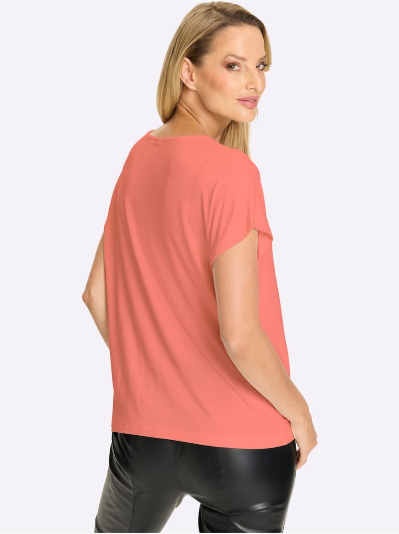 T-shirt à Manches Courtes Imprimé Avec Pierres Brillantes Fantaisie - Taille Standard - Helline Corail - Kiabi