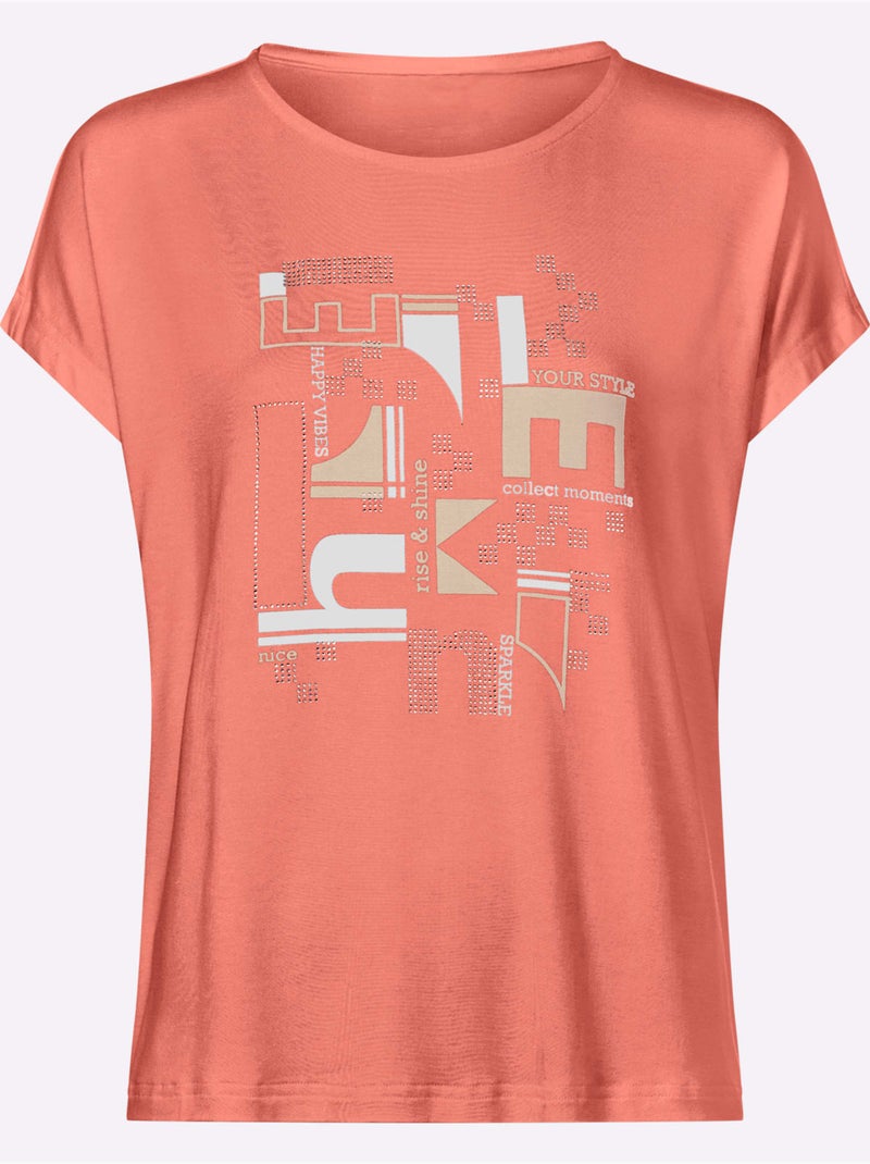 T-shirt à Manches Courtes Imprimé Avec Pierres Brillantes Fantaisie - Taille Standard - Helline Corail - Kiabi