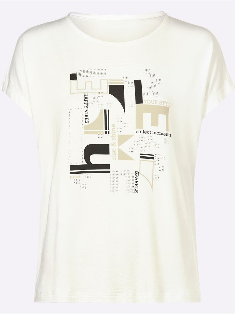 T-shirt à Manches Courtes Imprimé Avec Pierres Brillantes Fantaisie - Taille Standard - Helline Ecru - Kiabi