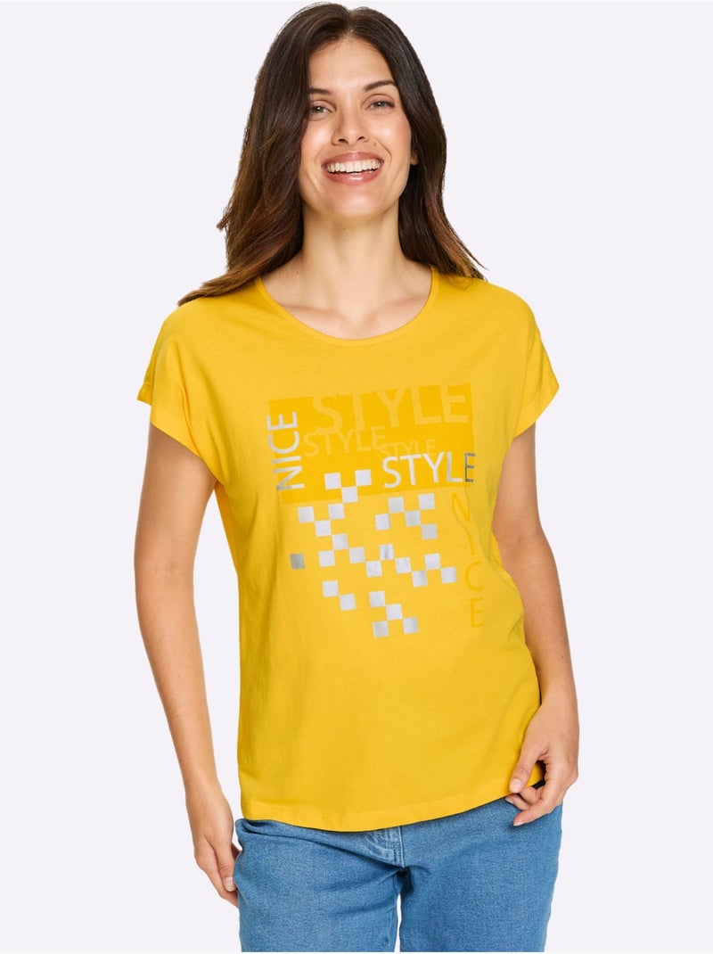T-shirt à Manches Courtes Imprimé Brillant - Taille Standard - Moda Vilona Jaune - Kiabi