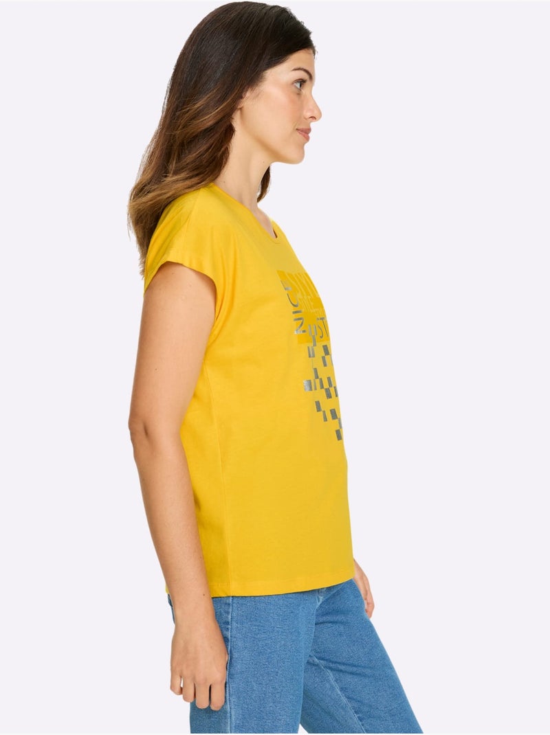 T-shirt à Manches Courtes Imprimé Brillant - Taille Standard - Moda Vilona Jaune - Kiabi