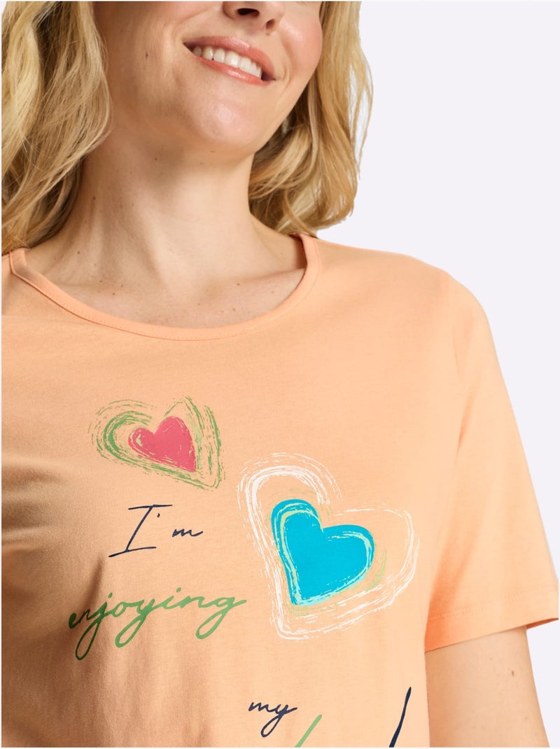 T-shirt à Manches Courtes Imprimé En Forme De Cœur - Taille Standard - Moda Vilona Abricot - Kiabi