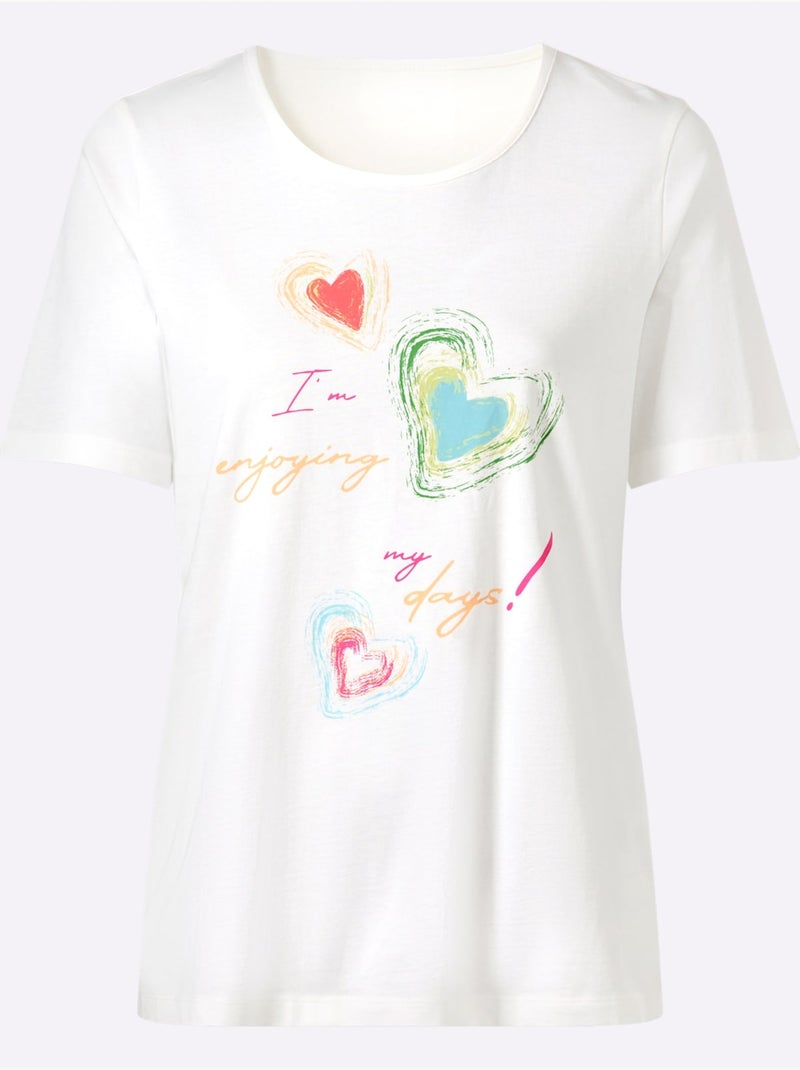 T-shirt à Manches Courtes Imprimé En Forme De Cœur - Taille Standard - Moda Vilona Écru/Vert - Kiabi