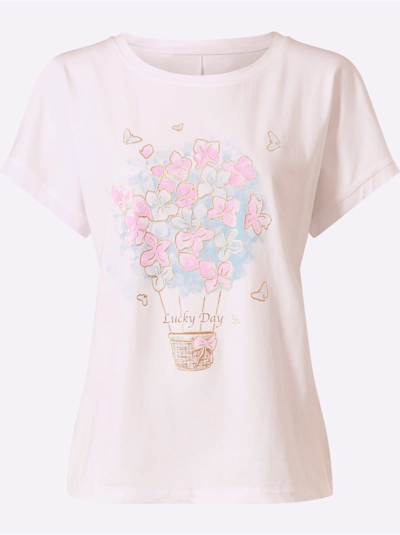 T-shirt à Manches Courtes Imprimé Feuille Brillant - Taille Standard - Helline Blanc - Kiabi