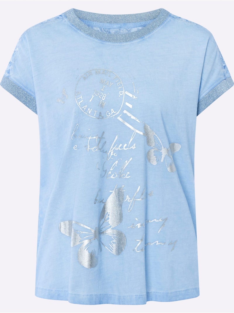 T-shirt à Manches Courtes Imprimé Feuille Brillant - Taille Standard - Helline Bleu ciel - Kiabi