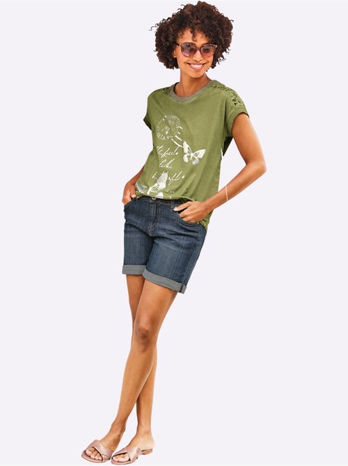 T-shirt à Manches Courtes Imprimé Feuille Brillant - Taille Standard - Helline - Kiabi