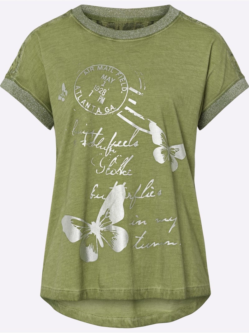 T-shirt à Manches Courtes Imprimé Feuille Brillant - Taille Standard - Helline Bleu Vert Gris - Kiabi