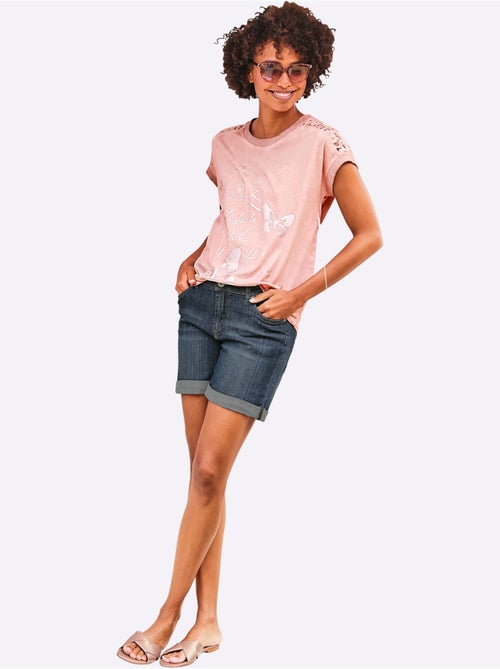 T-shirt à Manches Courtes Imprimé Feuille Brillant - Taille Standard - Helline - Kiabi
