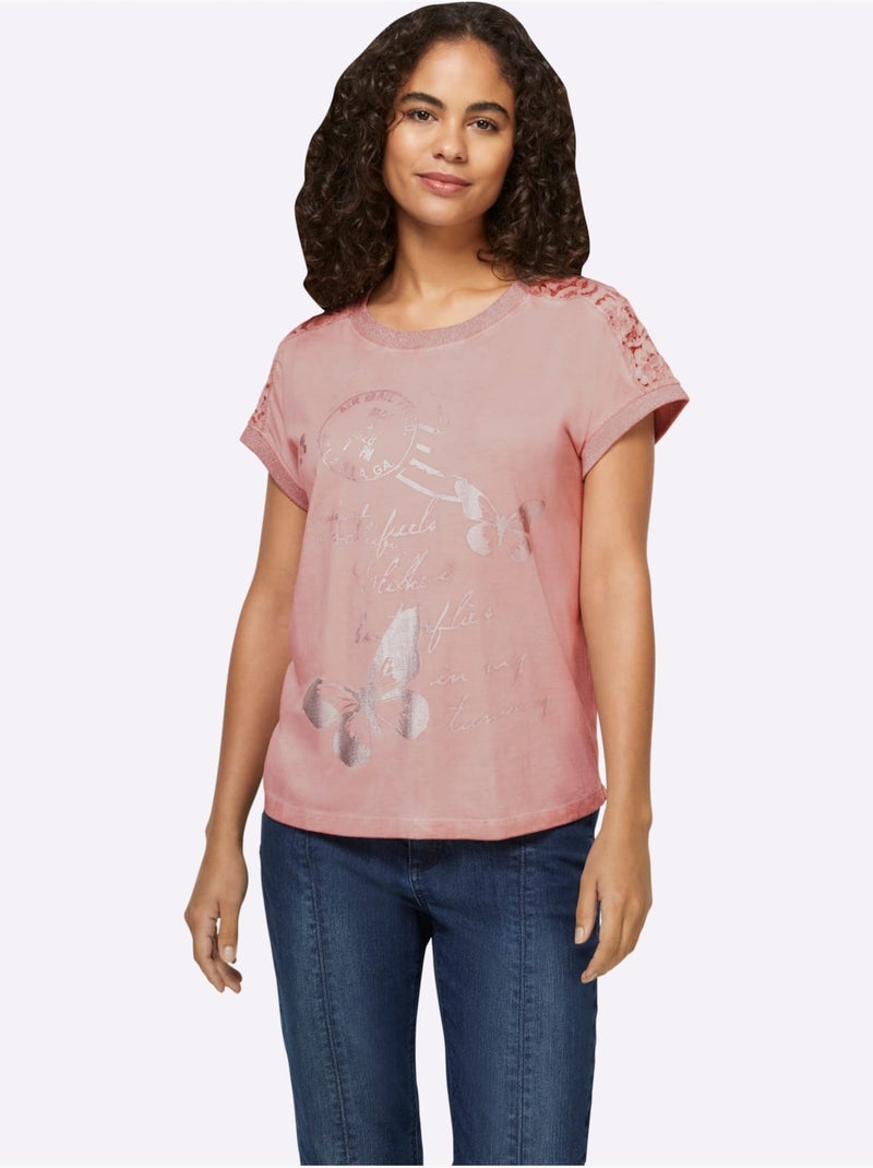 T-shirt à Manches Courtes Imprimé Feuille Brillant - Taille Standard - Helline Poudre - Kiabi