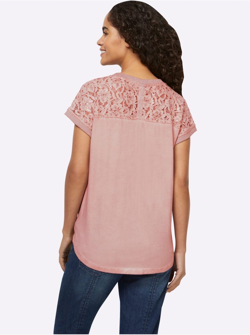 T-shirt à Manches Courtes Imprimé Feuille Brillant - Taille Standard - Helline Poudre - Kiabi