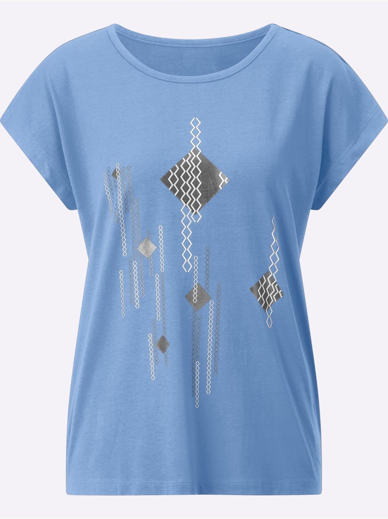 T-shirt à Manches Courtes Imprimé Feuille Brillant - Taille Standard - Moda Vilona Bleu Noir - Kiabi