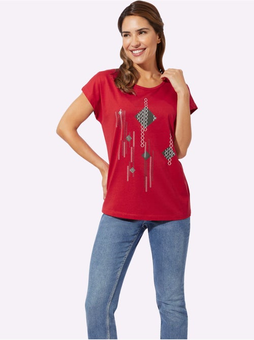 T-shirt à Manches Courtes Imprimé Feuille Brillant - Taille Standard - Moda Vilona - Kiabi