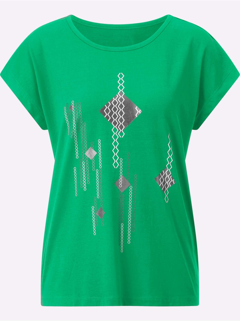 T-shirt à Manches Courtes Imprimé Feuille Brillant - Taille Standard - Moda Vilona Noir Vert - Kiabi