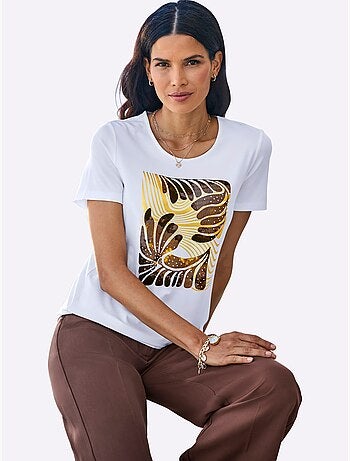 T-shirt à Manches Courtes Imprimé Feuille Doré - Taille Standard - Helline