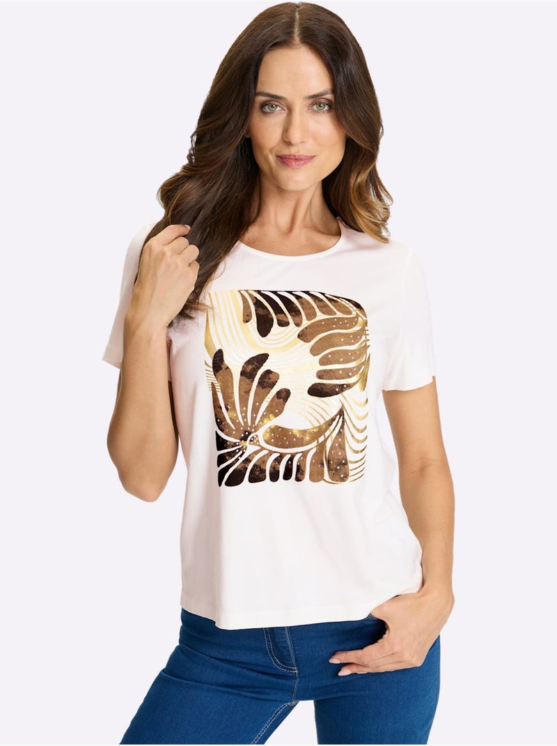 T-shirt à Manches Courtes Imprimé Feuille Doré - Taille Standard - helline Ecru - Kiabi