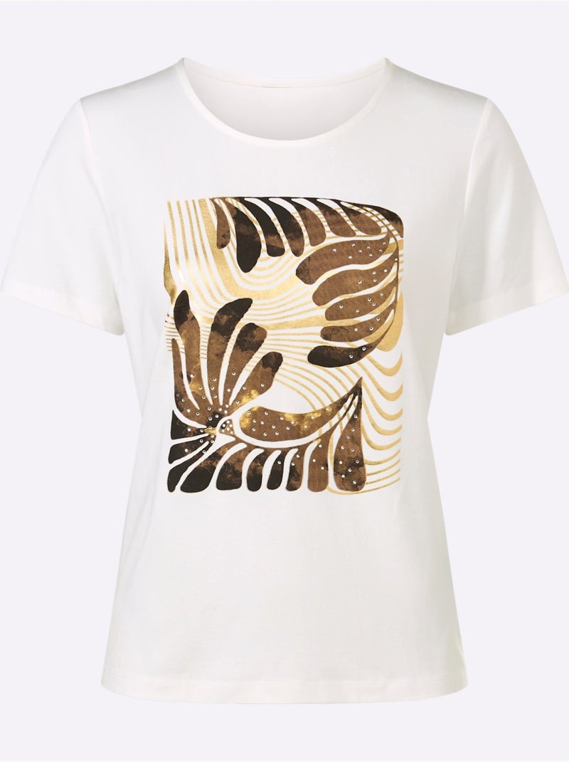 T-shirt à Manches Courtes Imprimé Feuille Doré - Taille Standard - helline Ecru - Kiabi