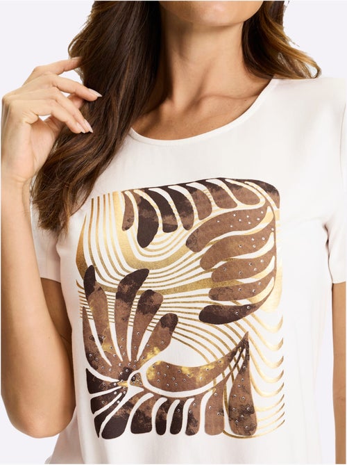 T-shirt à Manches Courtes Imprimé Feuille Doré - Taille Standard - helline - Kiabi