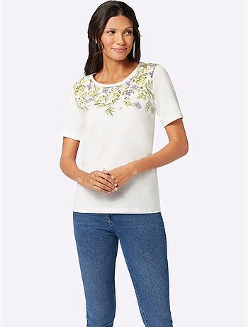 T-shirt à Manches Courtes Imprimé Fleurs Et Feuilles - Taille Standard - Moda Vilona