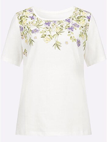 T-shirt à Manches Courtes Imprimé Fleurs Et Feuilles - Taille Standard - Moda Vilona