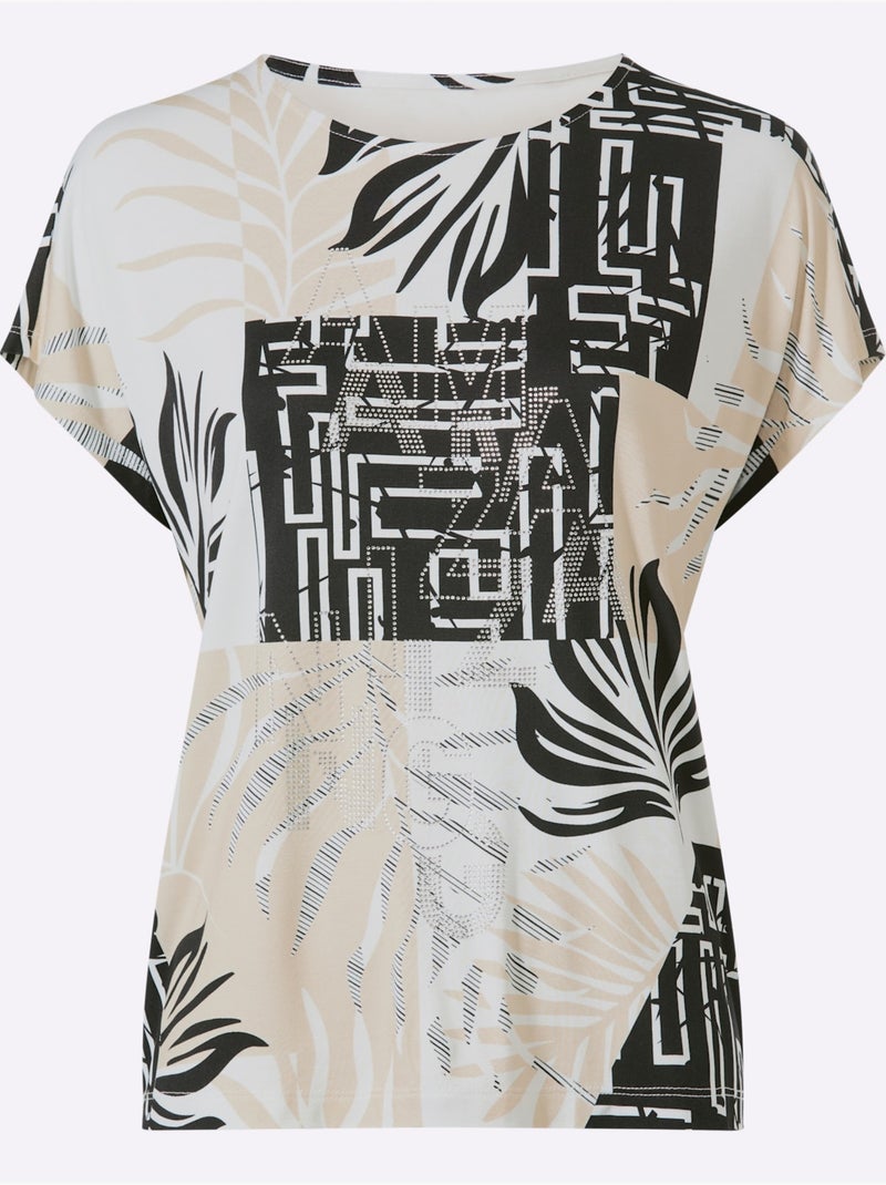 T-shirt à Manches Courtes Imprimé Graphique - Taille Standard - Helline Beige/Noir - Kiabi