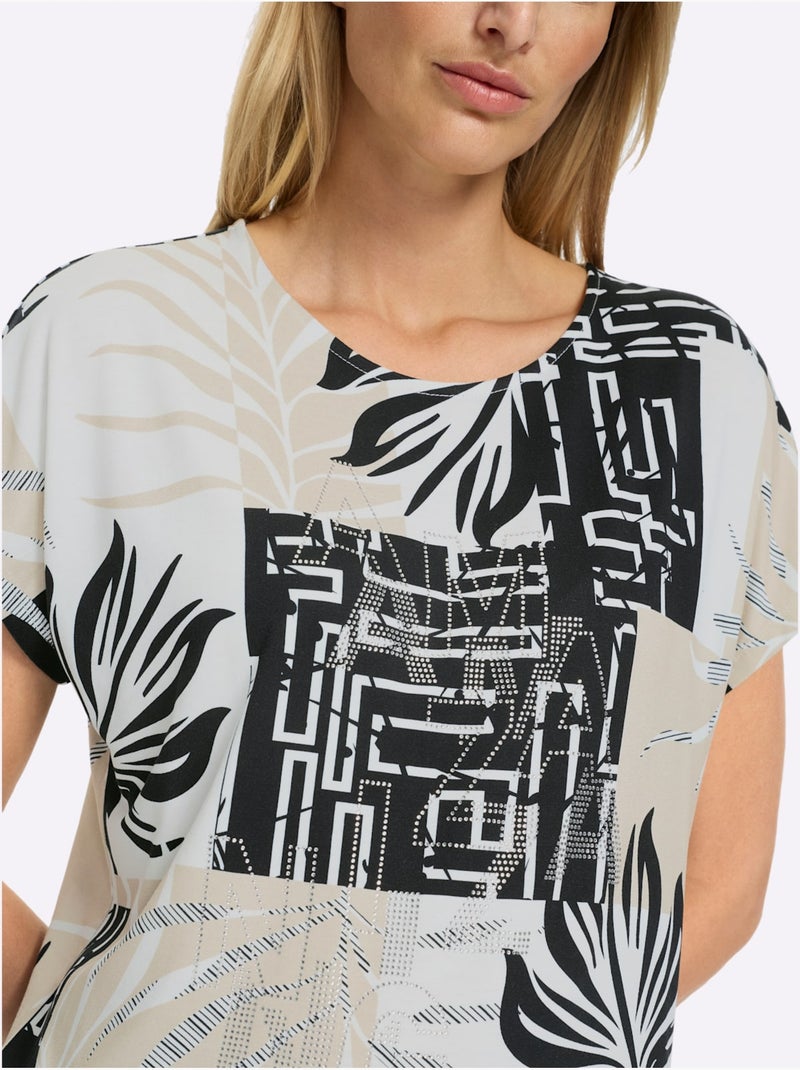 T-shirt à Manches Courtes Imprimé Graphique - Taille Standard - Helline Beige/Noir - Kiabi