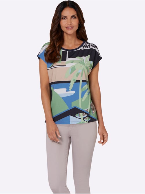 T shirt à manches courtes imprimé motif palmier et géométrique - Taille standard - Witt - Kiabi