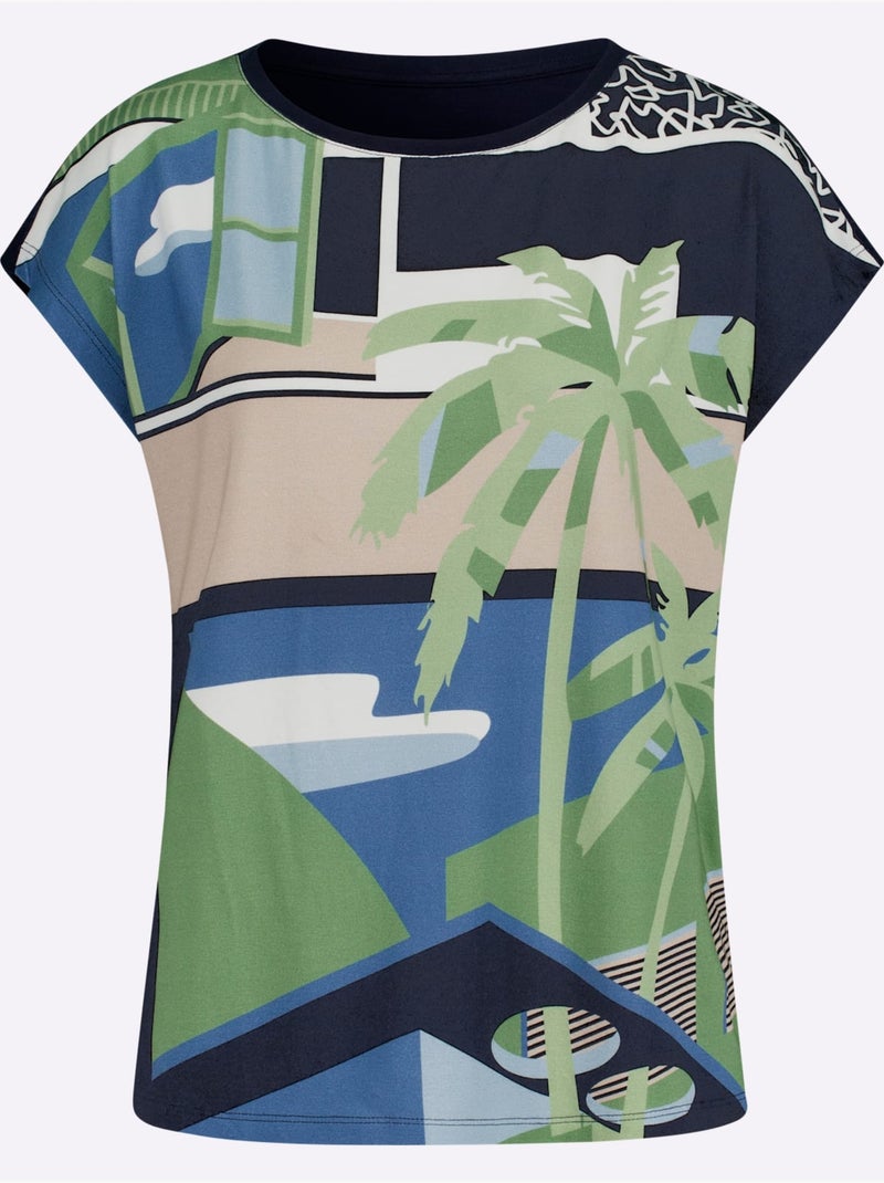 T shirt à manches courtes imprimé motif palmier et géométrique - Taille standard - Witt Bleu Vert - Kiabi
