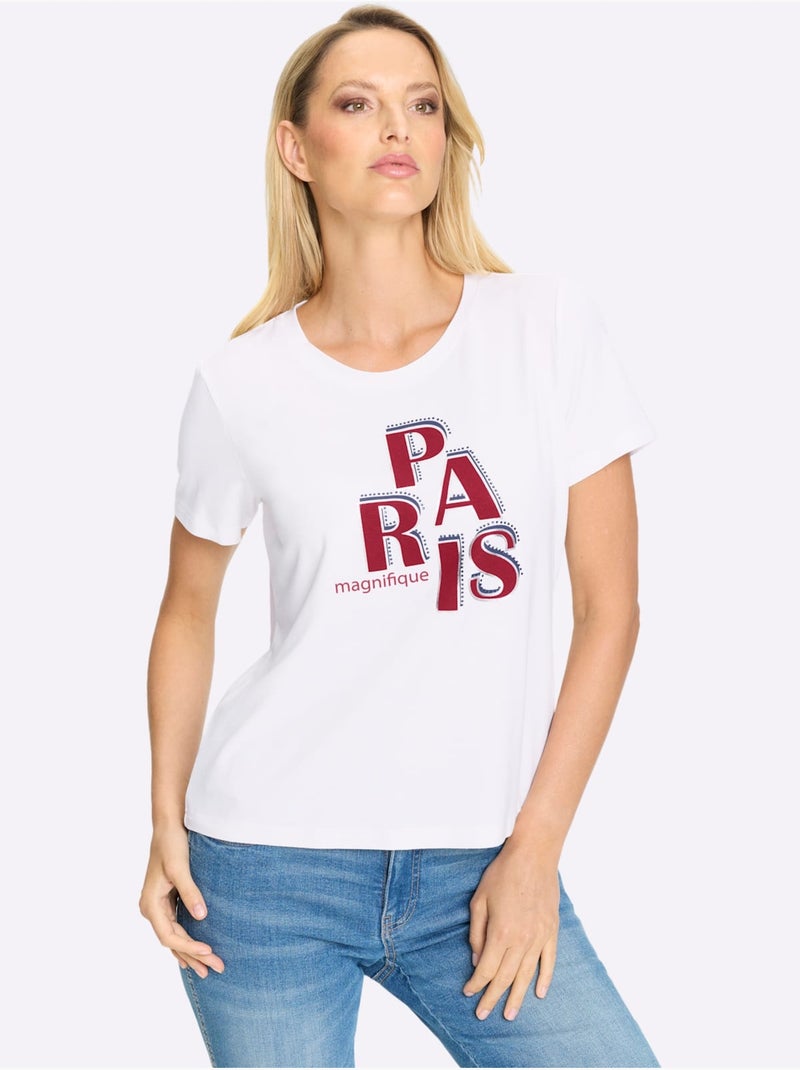 T-shirt à Manches Courtes Inscription - Taille Standard - Helline Blanc Rouge - Kiabi